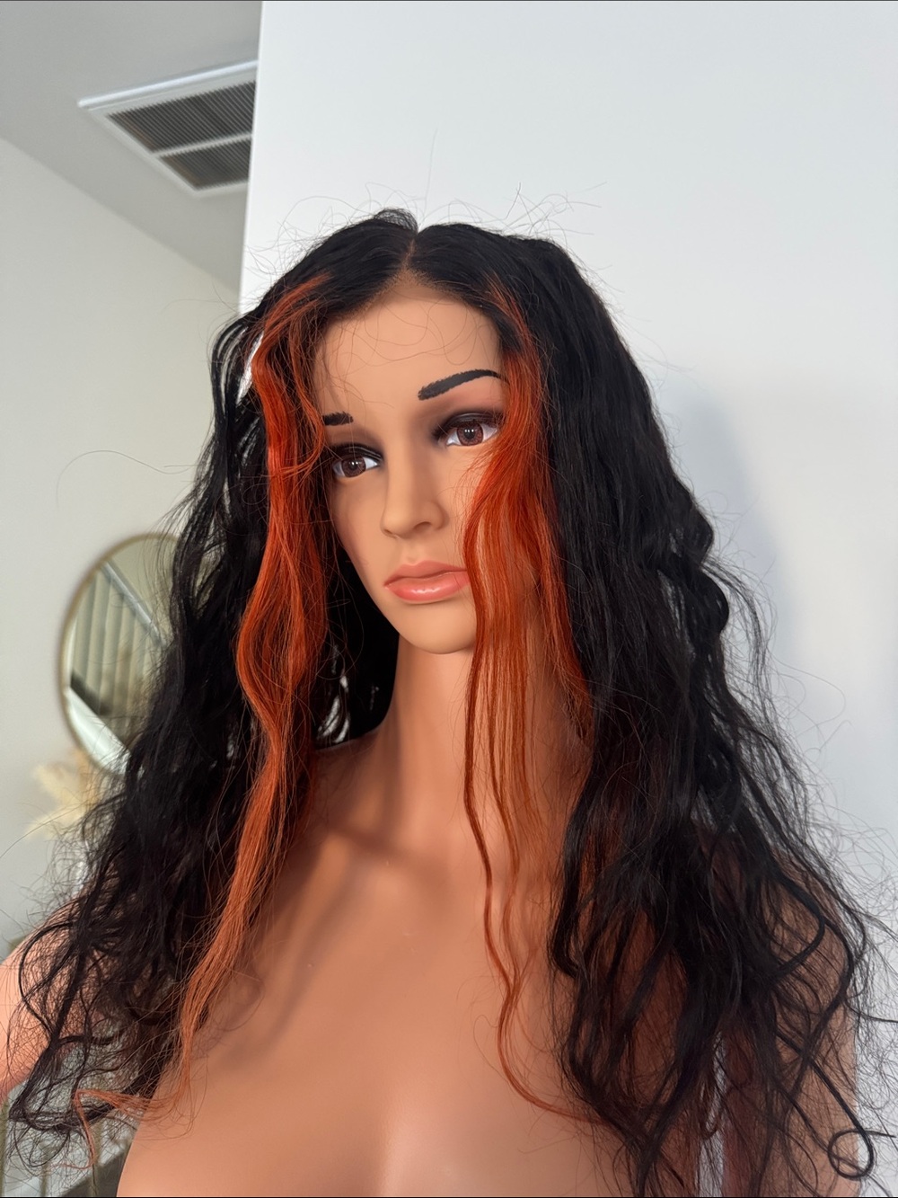 Black Wig with Orange Face-Framing Highlights — Natural Wavy Style